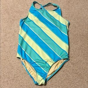 Lands' End Kids Girls Aqua and Lime Striped One-Piece Swimsuit Size XL 14/16